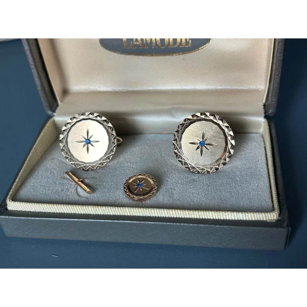 Vintage La Mode Gold Tone Sunburst Cufflinks & Tie Tack Set with Blue Stone Box